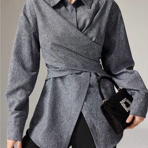 SHEIN Navy Gray Wrap Textured Blouse